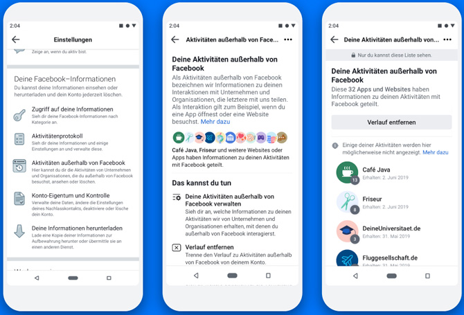 Drei Smartphone-Screenshots nebeneinander