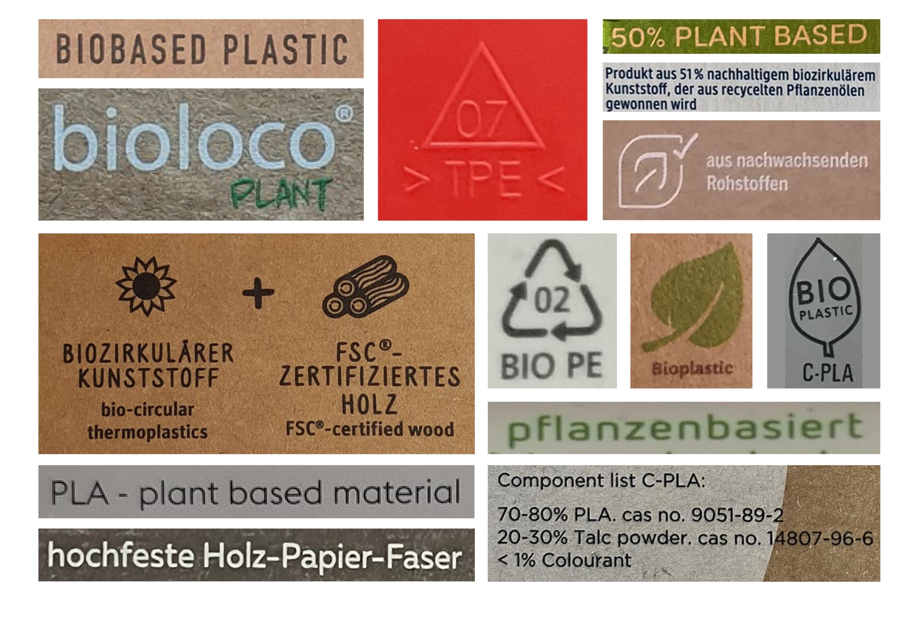 Verschiedene Kennzeichnungen und Symbole für nachhaltige Materialien wie "Biobased Plastic", "50% Plant Based", "Bio-Kunststoff", "FSC-zertifiziertes Holz" und "pflanzenbasiert". Weitere Angaben beinhalten Materialzusammensetzungen, Recycling-Codes und Logos wie "C-PLA" oder "Bioplastic". 