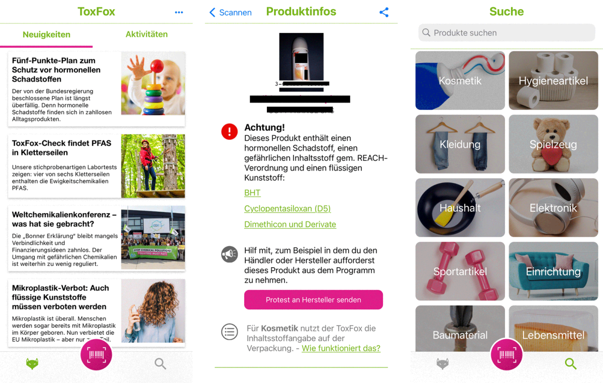 Screenshots verschiedener Funktionen der App "ToxFox"