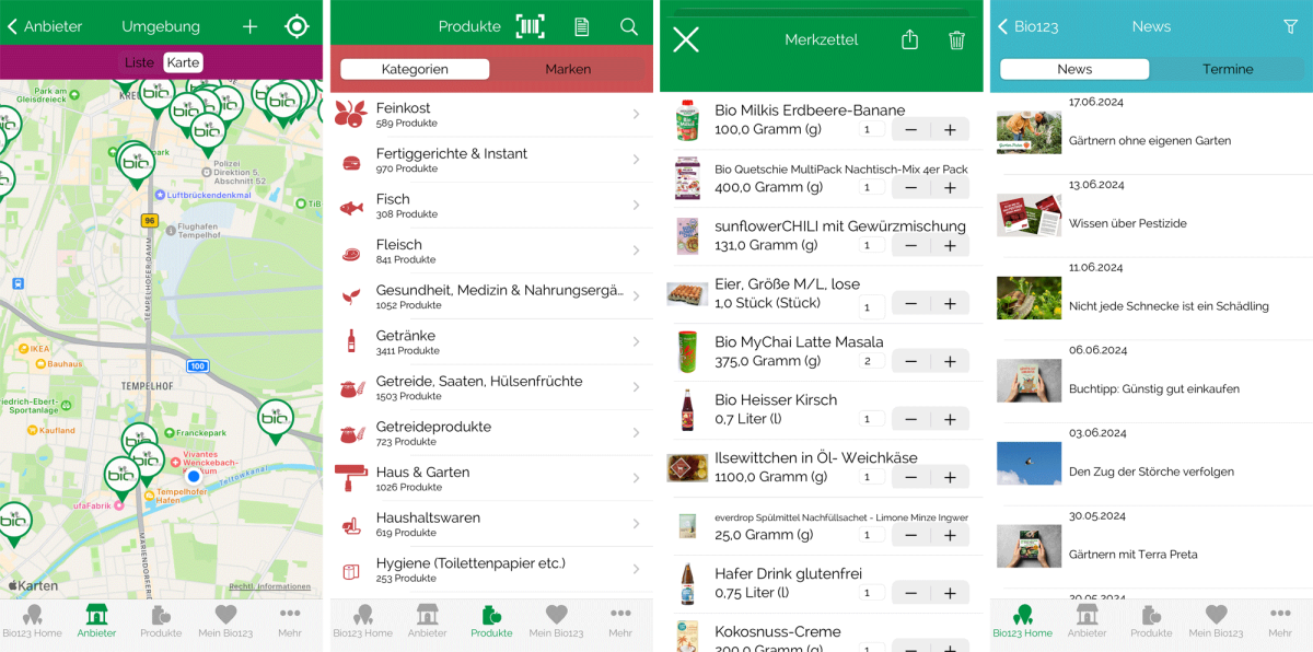 Beispielhafte Screenshots der App bio123