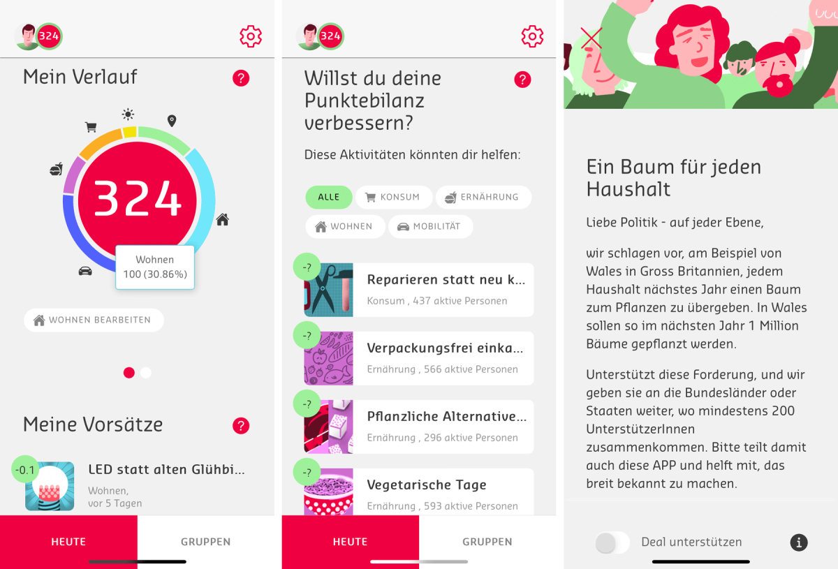 Beispielhafte Screenshots von App "Ein guter Tag"