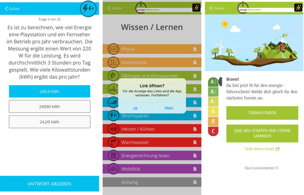 Beispielhafte Screenshots in der iOS/Android App "energie-führerschein"