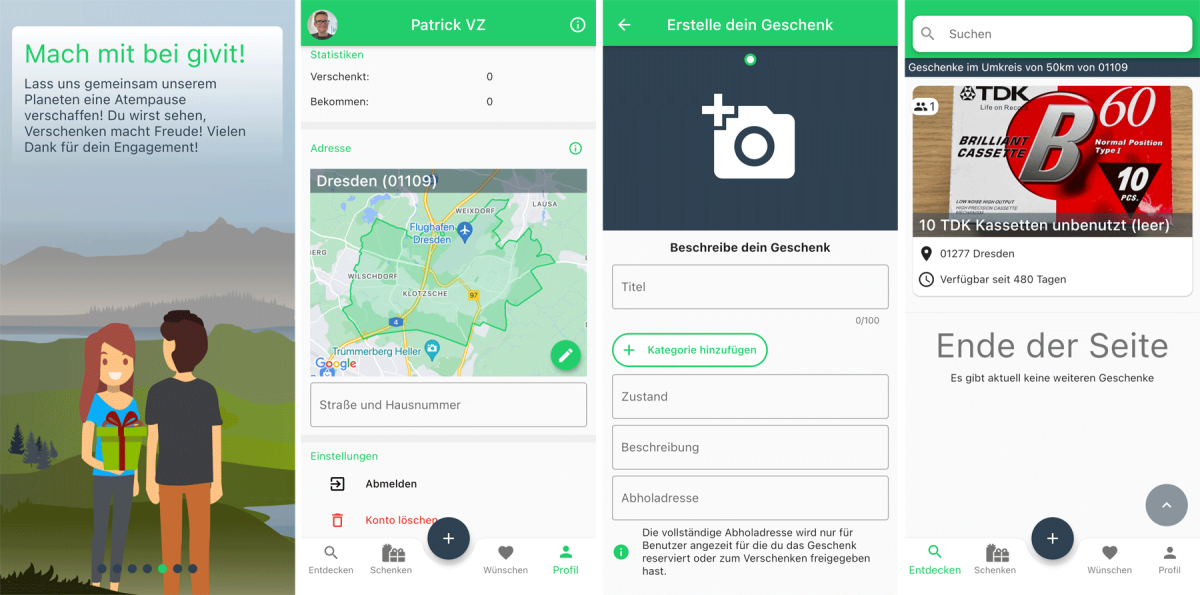 Beispielhafte Screenshots der Marktplatz-App "givit!"