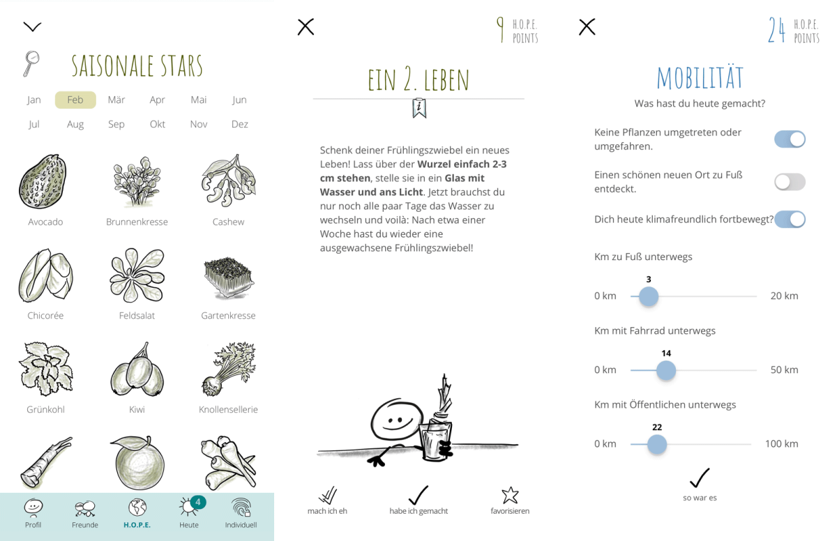 Screenshots verschiedener Funktionen der Klimaschutz-App "H.O.P.E."