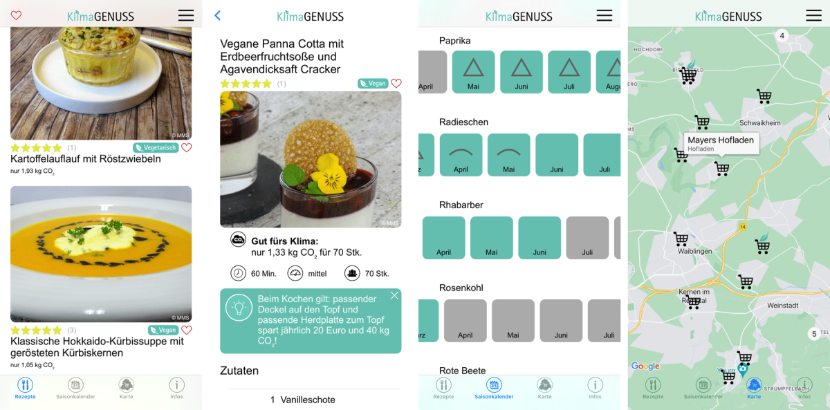 Beispielhafte Screenshots der App KlimaGENUSS - Bewusst kochen