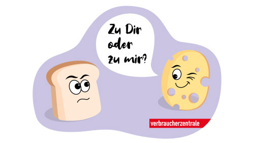 Käse und Brot unterhalten sich, um darzustellen, dass sie nicht zusammen gelagert werden sollen