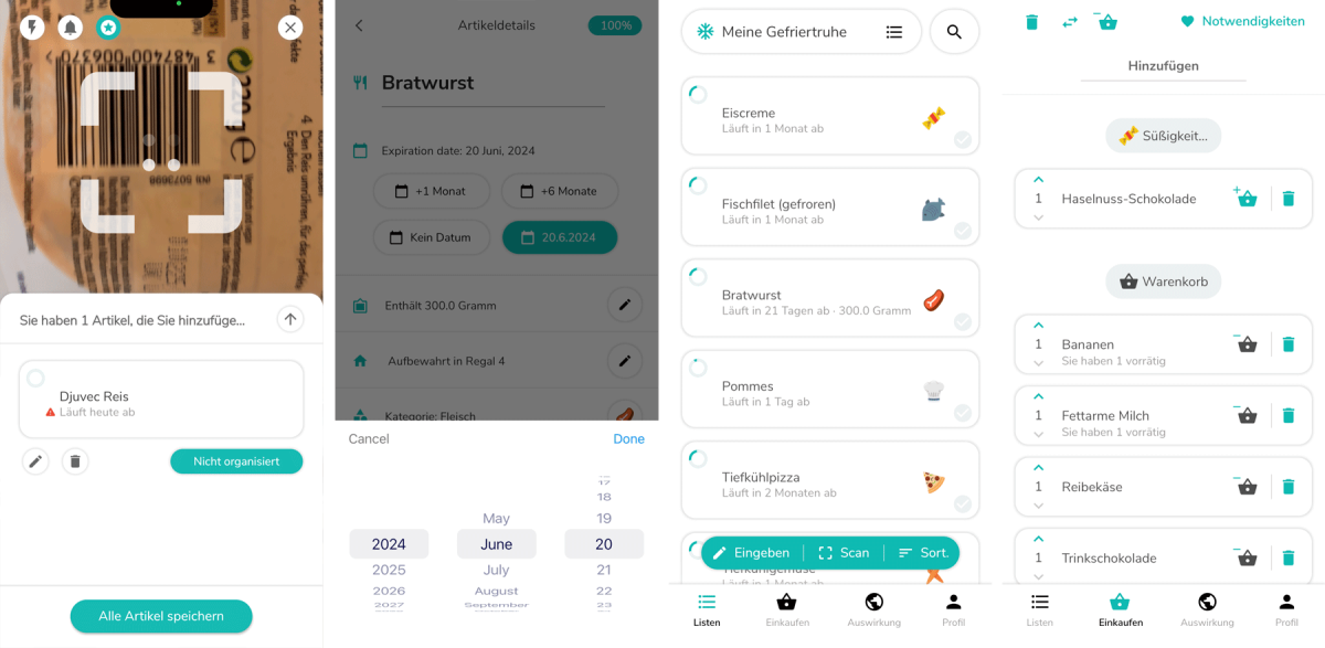 Beispielhafte Screenshots der App NoWaste - Lebensmittelliste