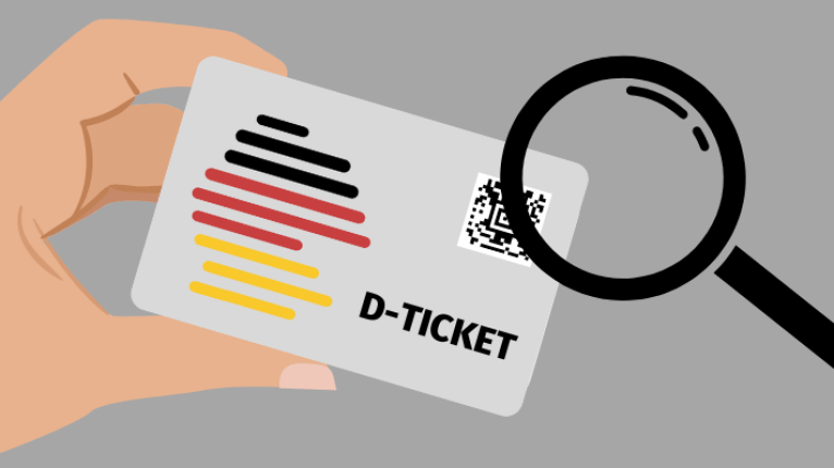 Eine Hand hält ein Deutschlandticket, daneben eine Lupe und ein Ausrufezeichen mit dem Wort Aufruf.